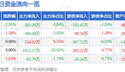 股票行情快报：广电电气（601616）5月30日主力资金净卖出385.20万元
