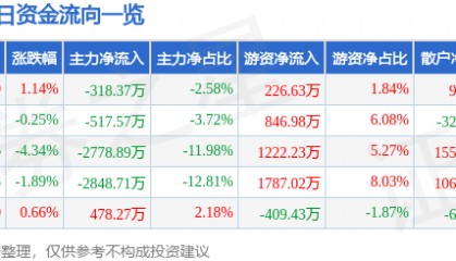 股票行情快报：安洁科技（002635）3月4日主力资金净卖出318.37万元