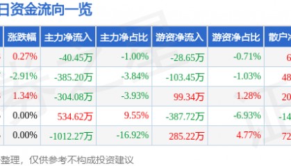 股票行情快报：广电电气（601616）6月3日主力资金净卖出40.45万元