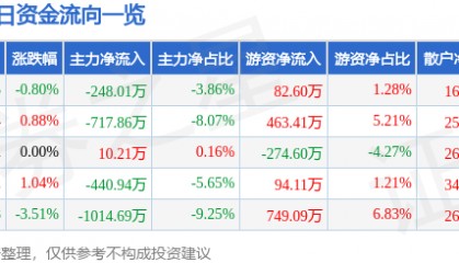 股票行情快报：金桥信息（603918）4月15日主力资金净卖出248.01万元