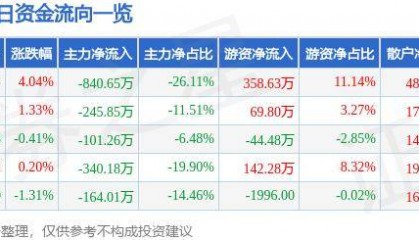 股票行情快报：滨海能源（000695）9月27日主力资金净卖出840.65万元