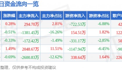 股票行情快报：山东药玻（600529）9月29日主力资金净买入294.70万元