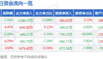 丹化科技（600844）12月17日主力资金净卖出2346.13万元
