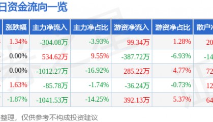 股票行情快报：广电电气（601616）5月29日主力资金净卖出304.08万元
