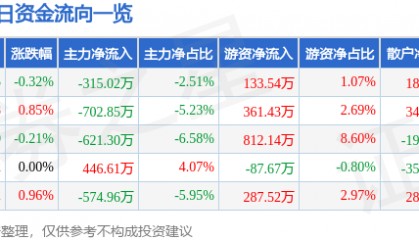 股票行情快报：东软集团（600718）7月9日主力资金净卖出315.02万元