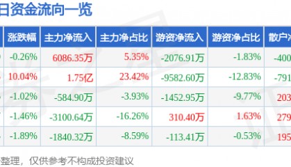 股票行情快报：金杯电工（002533）3月13日主力资金净买入6086.35万元