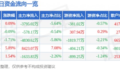 股票行情快报：力源信息（300184）12月5日主力资金净卖出3795.02万元