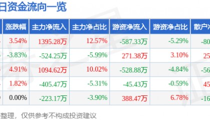 股票行情快报：苏宁环球（000718）10月30日主力资金净买入1395.28万元