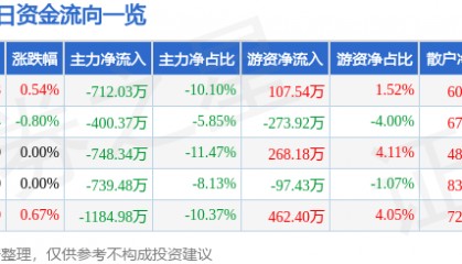 股票行情快报：江苏国泰（002091）5月19日主力资金净卖出712.03万元