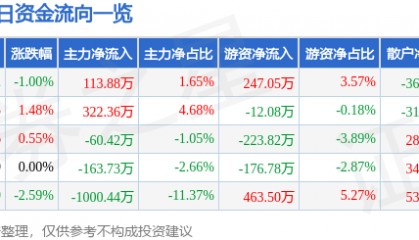 股票行情快报：安洁科技（002635）4月22日主力资金净买入113.88万元