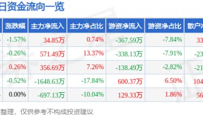 股票行情快报：广电电气（601616）6月13日主力资金净买入34.85万元