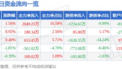 股票行情快报：江苏国泰（002091）4月2日主力资金净买入2049.25万元