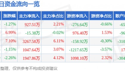 股票行情快报：黑猫股份（002068）1月8日主力资金净买入927.51万元