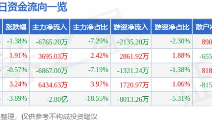 股票行情快报：双林股份（300100）6月6日主力资金净卖出6765.20万元