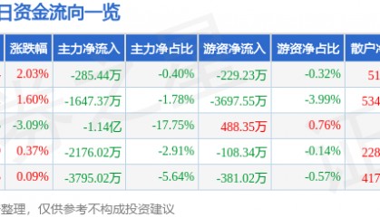 股票行情快报：力源信息（300184）12月11日主力资金净卖出285.44万元