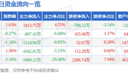 股票行情快报：陕国投Ａ（000563）12月27日主力资金净买入1013.75万元