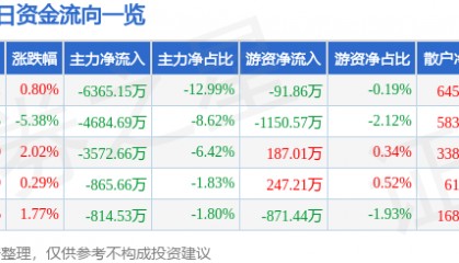 股票行情快报：力源信息（300184）12月24日主力资金净卖出6365.15万元