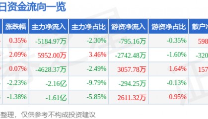 股票行情快报：双林股份（300100）5月13日主力资金净卖出5184.97万元