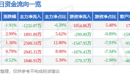 股票行情快报：黑猫股份（002068）3月27日主力资金净卖出1231.07万元
