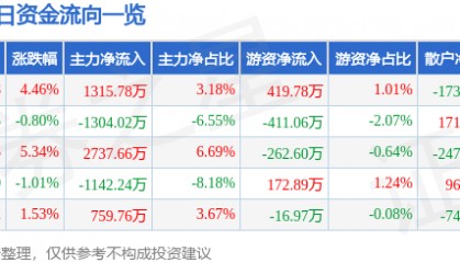 方直科技（300235）7月29日主力资金净买入1315.78万元