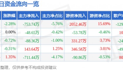 股票行情快报：金杯电工（002533）2月13日主力资金净卖出753.74万元