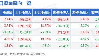股票行情快报：苏宁环球（000718）10月31日主力资金净买入469.26万元