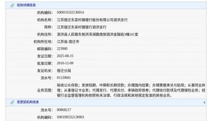 江苏宿迁东吴村镇银行股份有限公司泗洪支行换发金融许可证，发证日期2025年8月15日
