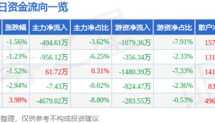 丹化科技（600844）11月27日主力资金净卖出494.61万元