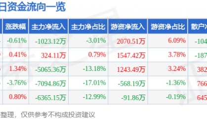 股票行情快报：力源信息（300184）12月30日主力资金净卖出1023.12万元