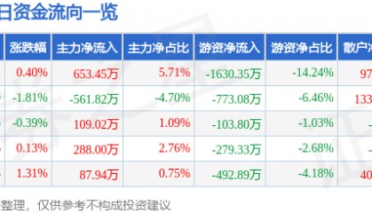 股票行情快报：江苏国泰（002091）3月31日主力资金净买入653.45万元