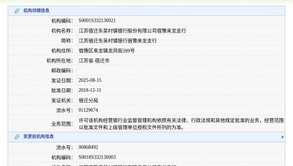 江苏宿迁东吴村镇银行股份有限公司宿豫来龙支行换发金融许可证，发证日期2025年8月15日