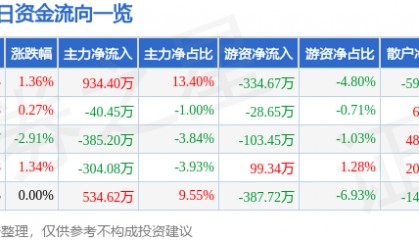 股票行情快报：广电电气（601616）6月4日主力资金净买入934.40万元