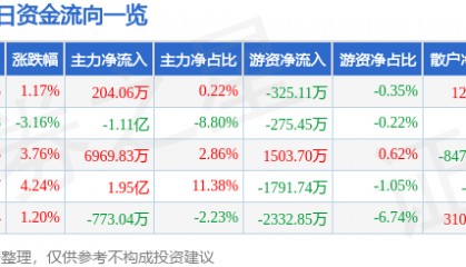 股票行情快报：航锦科技（000818）8月15日主力资金净买入204.06万元