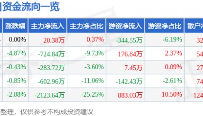 股票行情快报：农产品（000061）1月6日主力资金净买入20.38万元