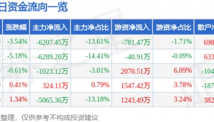 股票行情快报：力源信息（300184）1月2日主力资金净卖出6207.45万元
