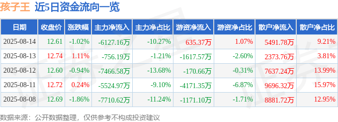 股票行情快报：孩子王（301078）8月14日主力资金净卖出6127.16万元