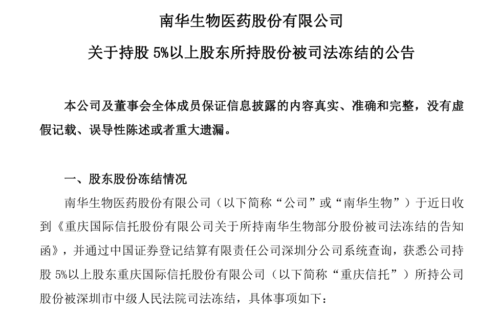重庆信托所持重庆路桥、*ST生物股份被全部冻结