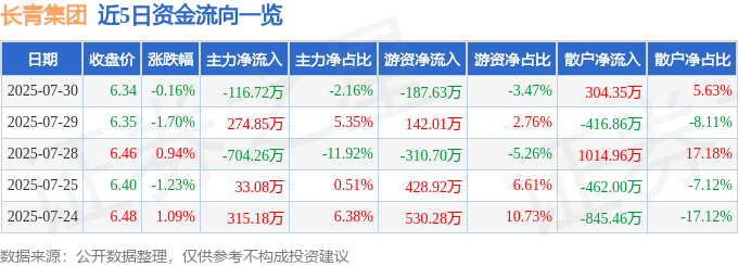 股票行情快报:长青集团(002616)7月30日主力资金净卖出116.72万元