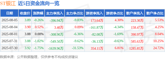 股票行情快报:ST银江(300020)8月5日主力资金净卖出396.94万元