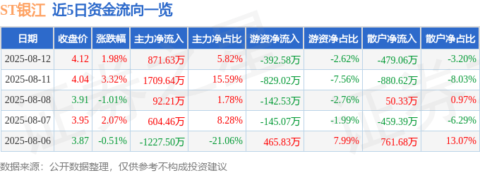 股票行情快报：ST银江（300020）8月12日主力资金净买入871.63万元