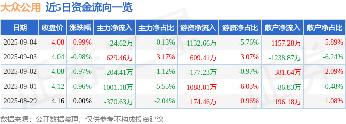 股票行情快报:大众公用(600635)9月4日主力资金净卖出24.62万元