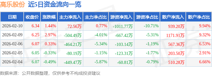 股票行情快报:高乐股份(002348)2月10日主力资金净买入72.56万元